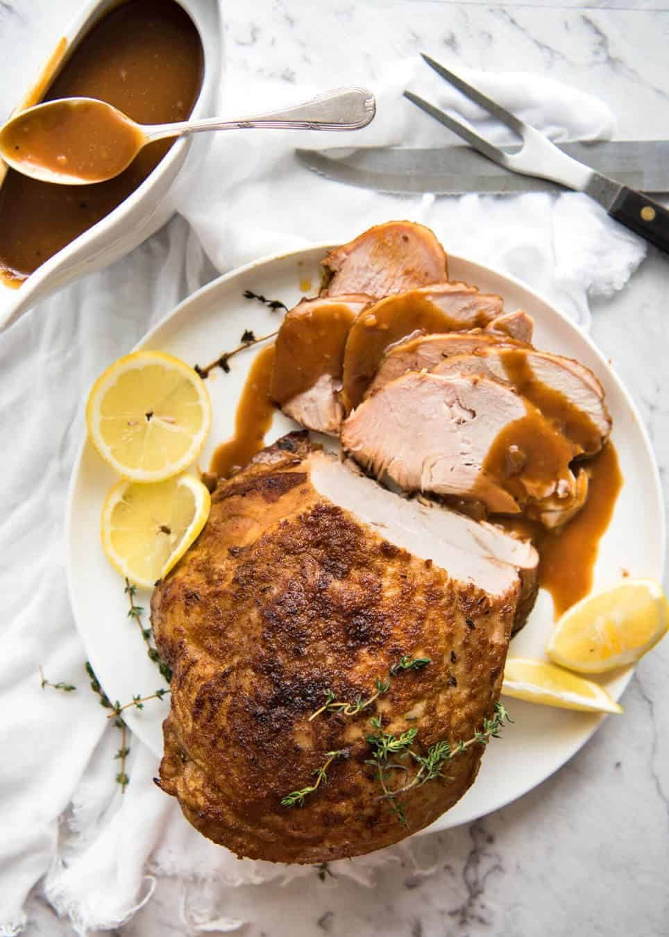 Slow Cooker Turkey Breast - the safest and best way to make MOIST turkey breast without brining is with your crockpot! recipetineats.com