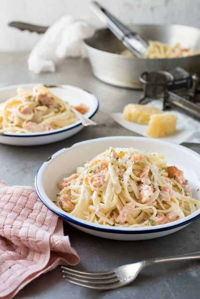 Salmon Alfredo Pasta - Fettuccine tossed in a creamy parmesan sauce and salmon, a magic combination!