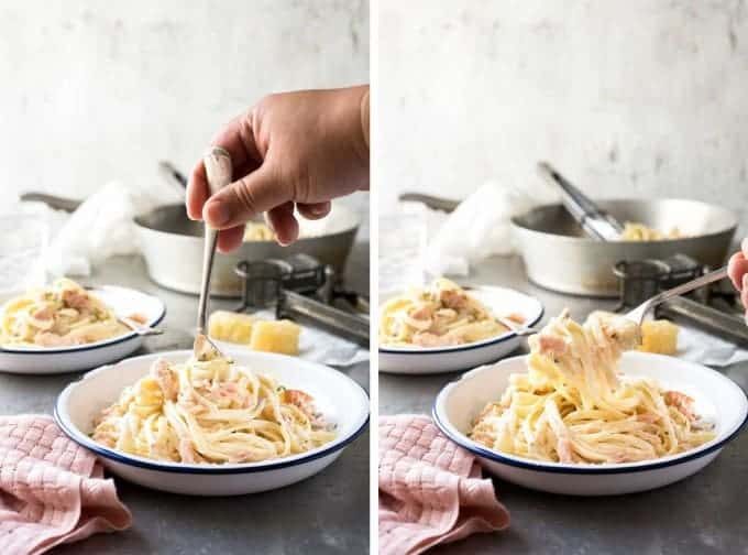 Salmon Alfredo Pasta - Fettuccine tossed in a creamy parmesan sauce and salmon, a magic combination!