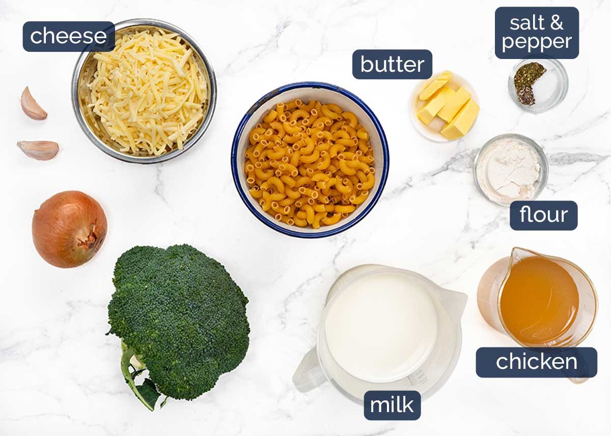 Ingredients in One Pot Chicken Mac and Cheese with Broccoli