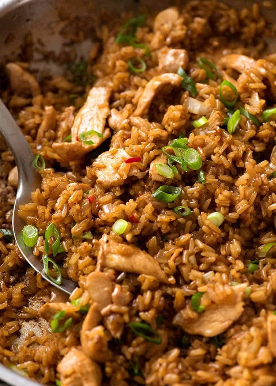 Close up of Nasi Goreng (Indonesian Fried Rice) in a skillet, fresh off the stove ready to be served