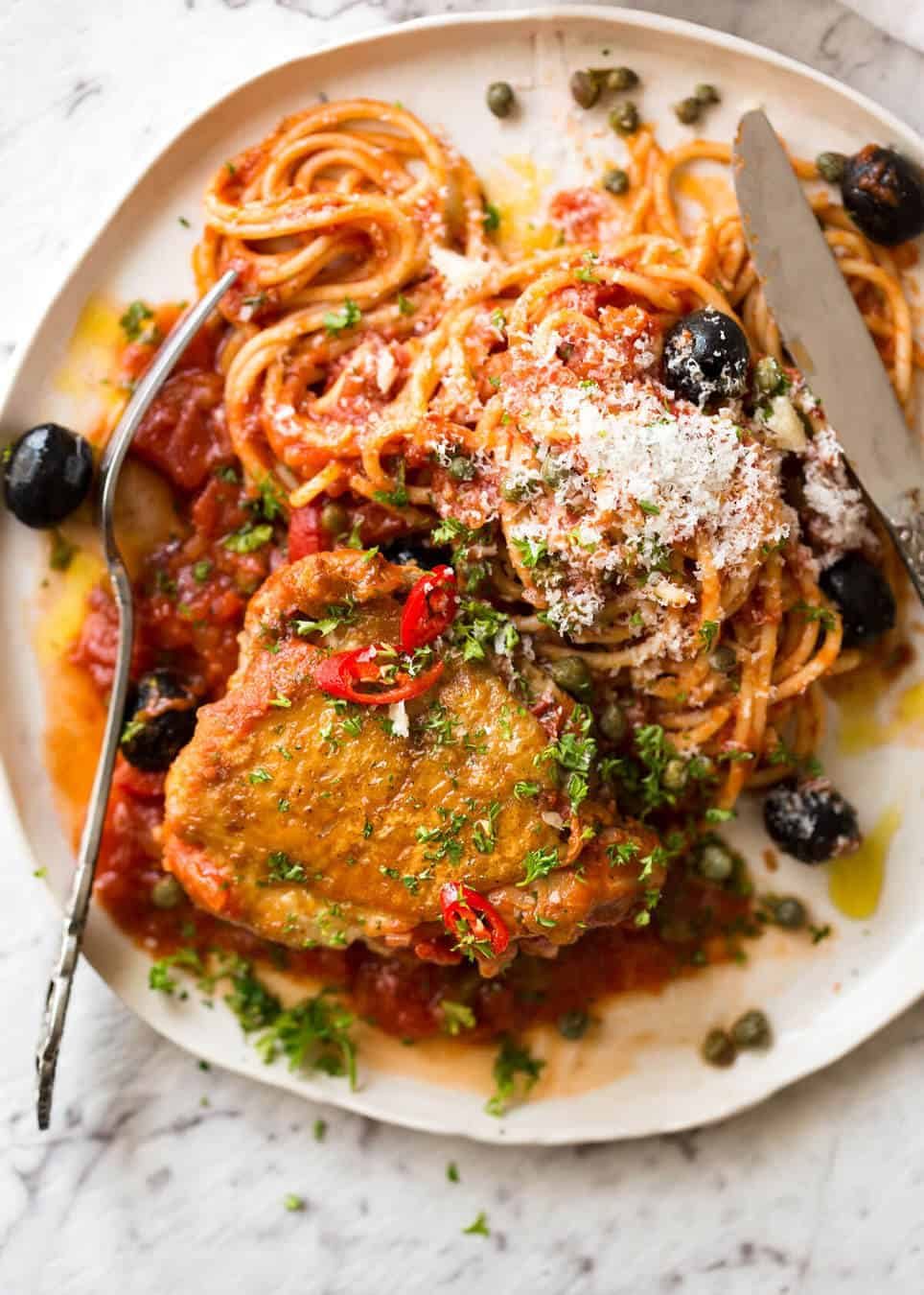 A hearty Italian Chicken Casserole with crispy chicken, capsicum / bell peppers, olives and capers. Sicilian style! www.recipetineats.com