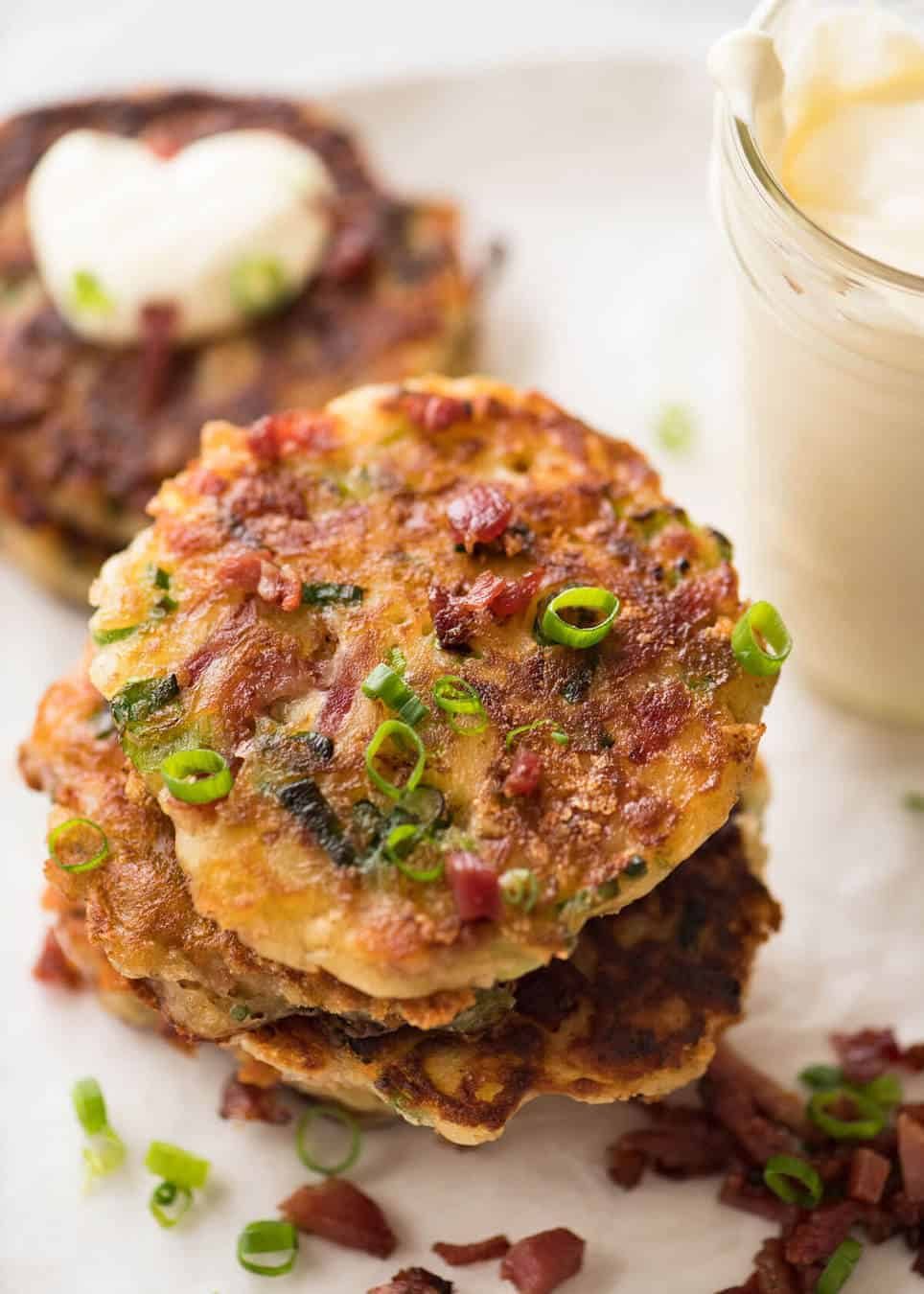 Cheese and Ham Pancakes - golden crispy cheesy outsides, fluffy insides with pops of ham (or bacon). These are epic! www.recipetineats.com