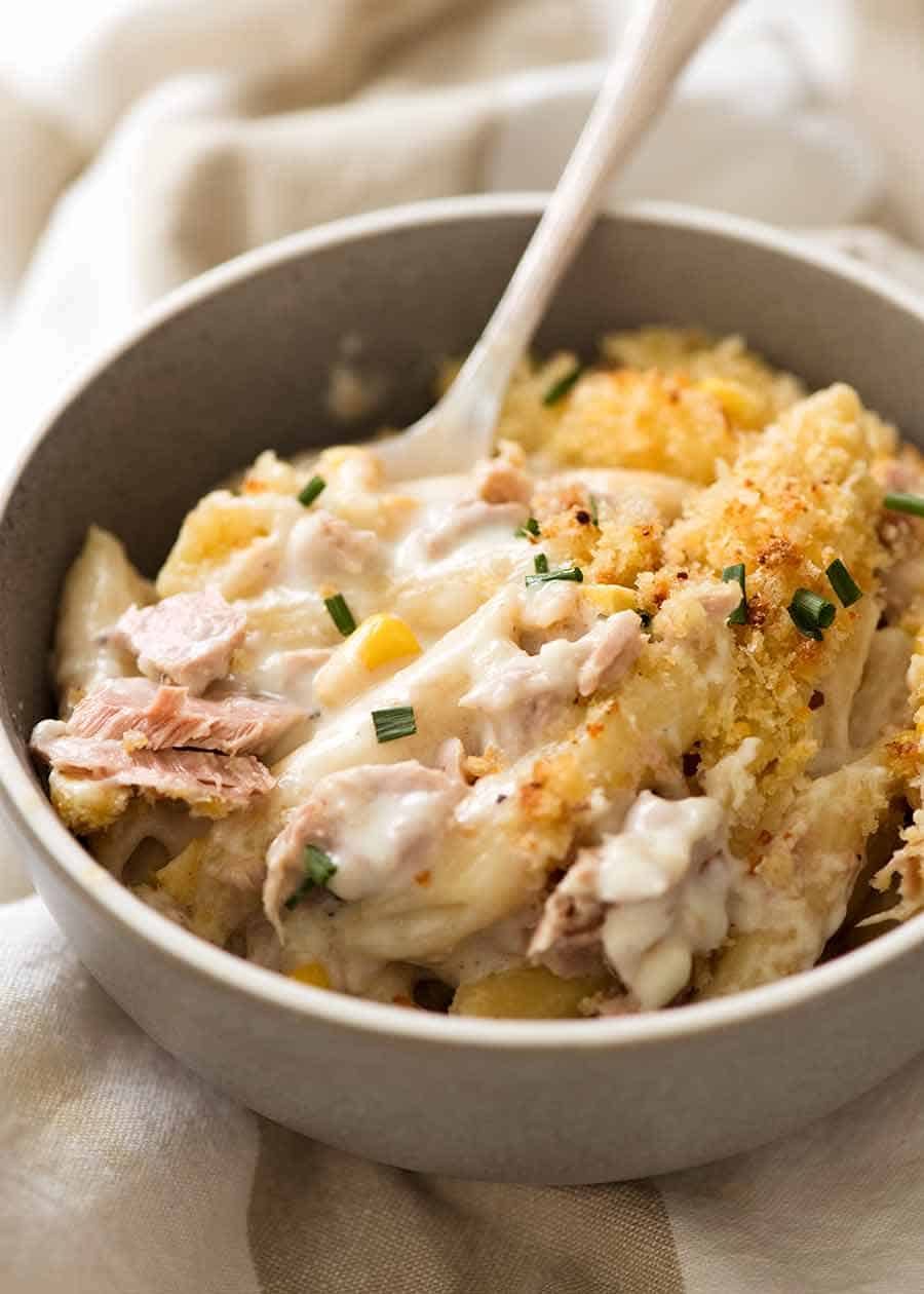 Tuna Casserole in a rustic blue bowl, ready to be eaten