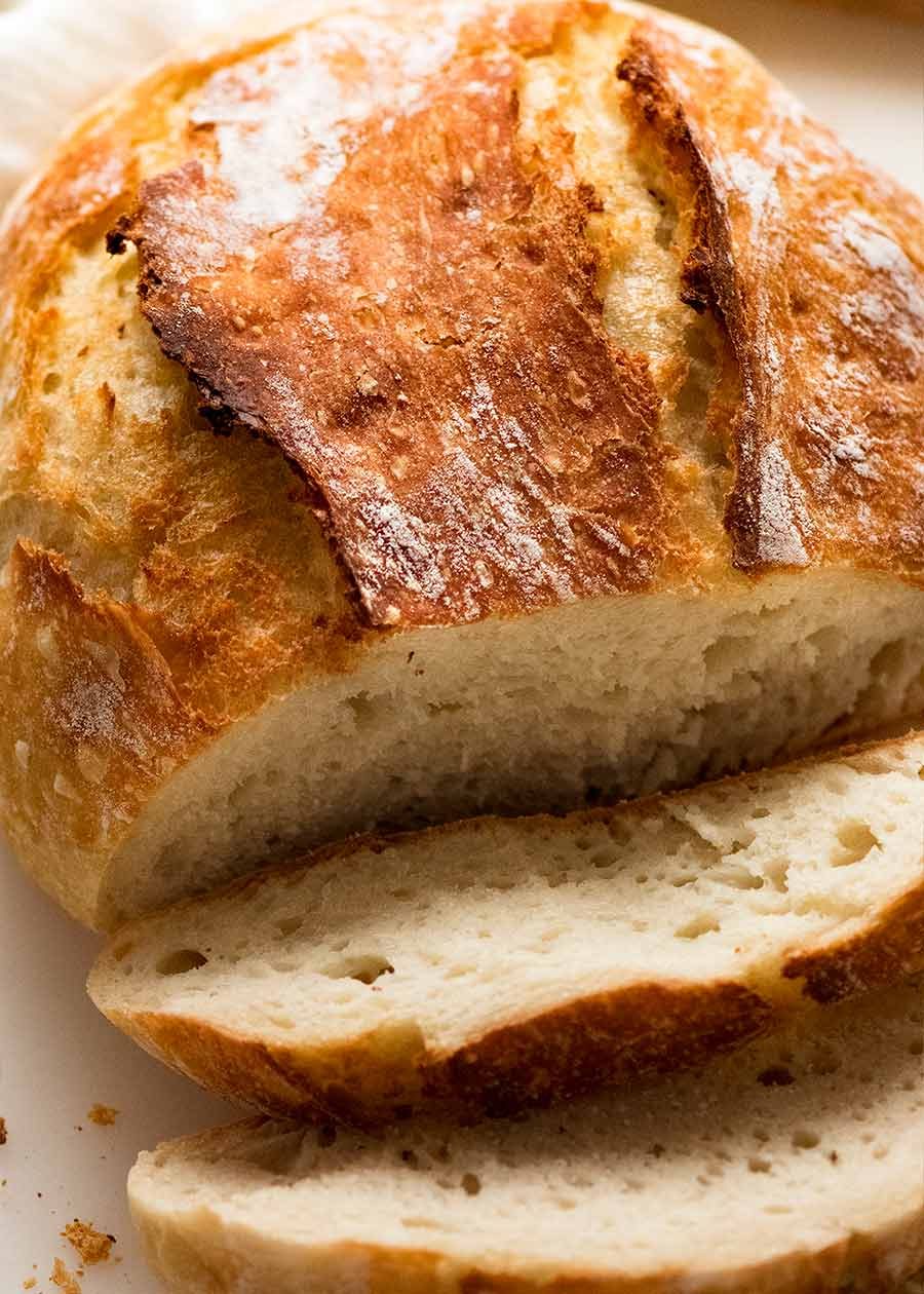 Close up of crispy crust of world's easiest yeast bread fresh out of the oven